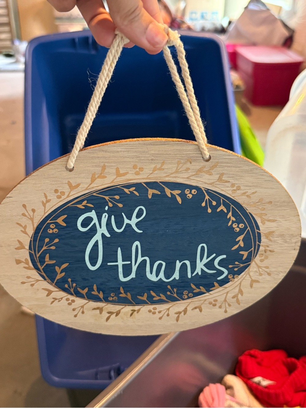 Give Thanks Oval Wooden Hanging Sign - Blue & Natural